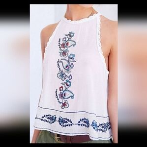 Ecote Women's 100% Cotton Embroidered Tank Top Flowy White/Blue XS